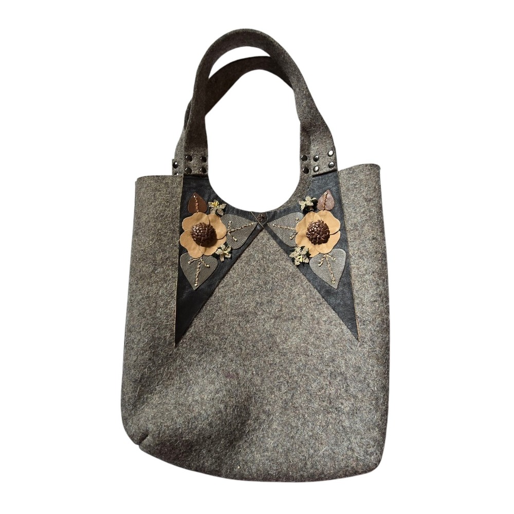 Handmade Boiled Wool Leather Bead Applique Embroidered Handbag Tote Purse Felted